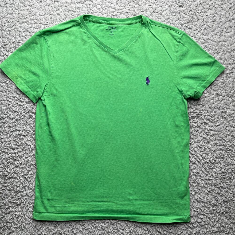Polo Ralph Lauren Shirt Mens Small Green Pony V-Neck Short Sleeve Classic